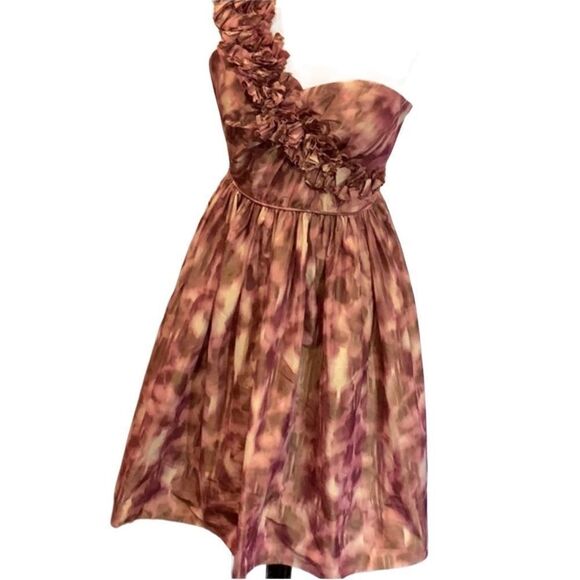 Maggy London One shoulder Ruffle  full pink print dress 2 - Picture 4 of 10